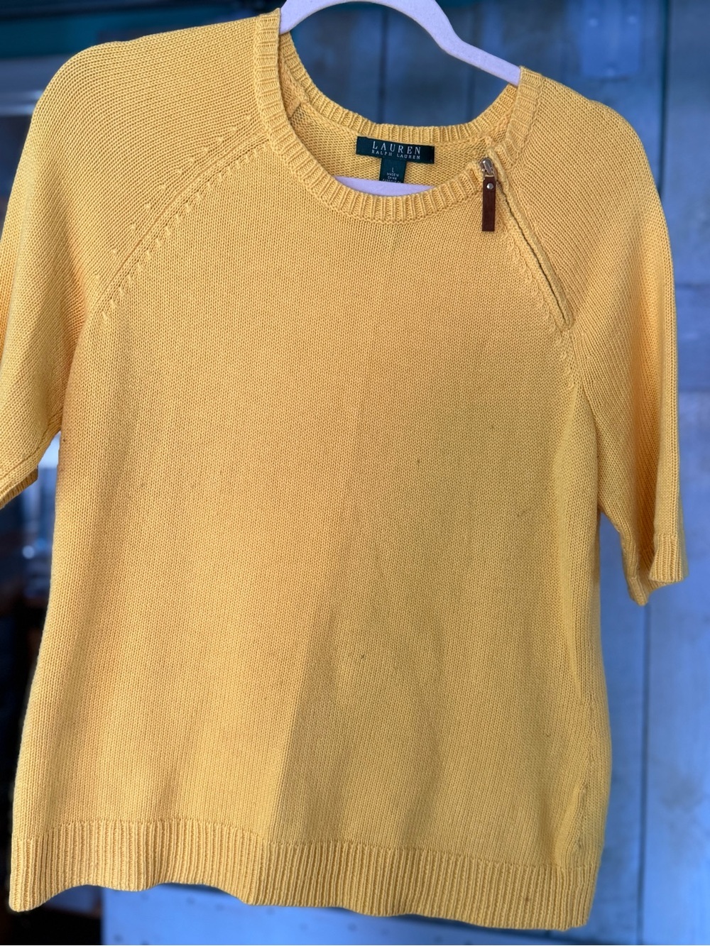Ralph Lauren Yellow Short-Sleeve Crew Knit Sweater with Zip Accent